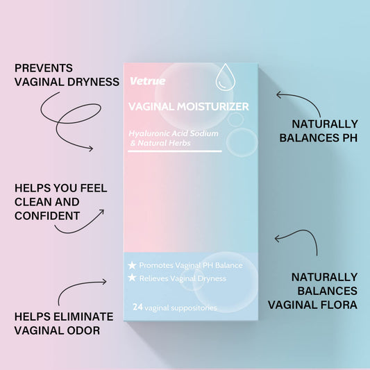 Vetrue vaginal suppository insertion close-up for soothing moisture.