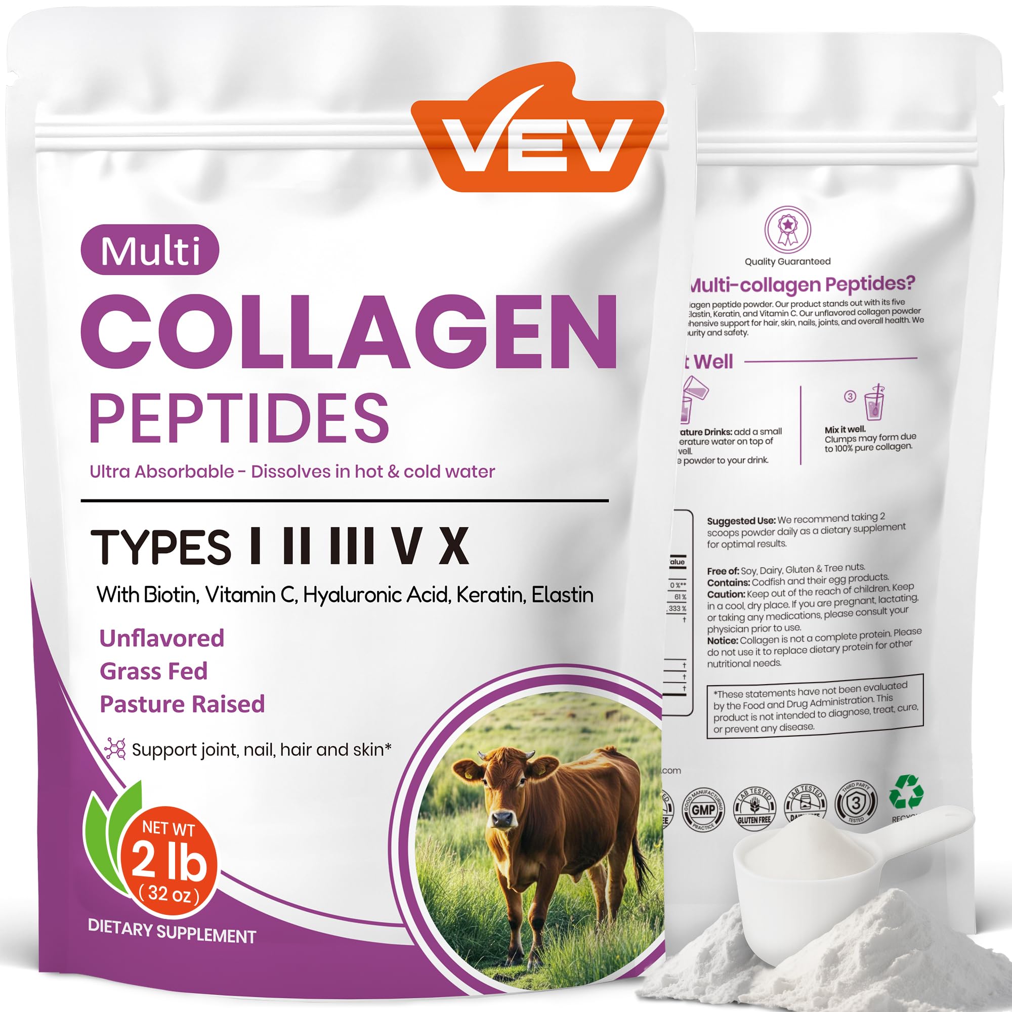 VEV Multi Collagen Powder bag front showing unflavored formula for versatile daily use.