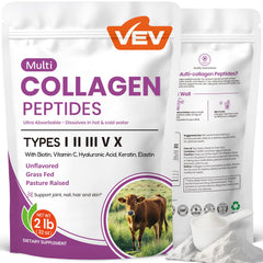 VEV Multi Collagen Powder bag front showing unflavored formula for versatile daily use.