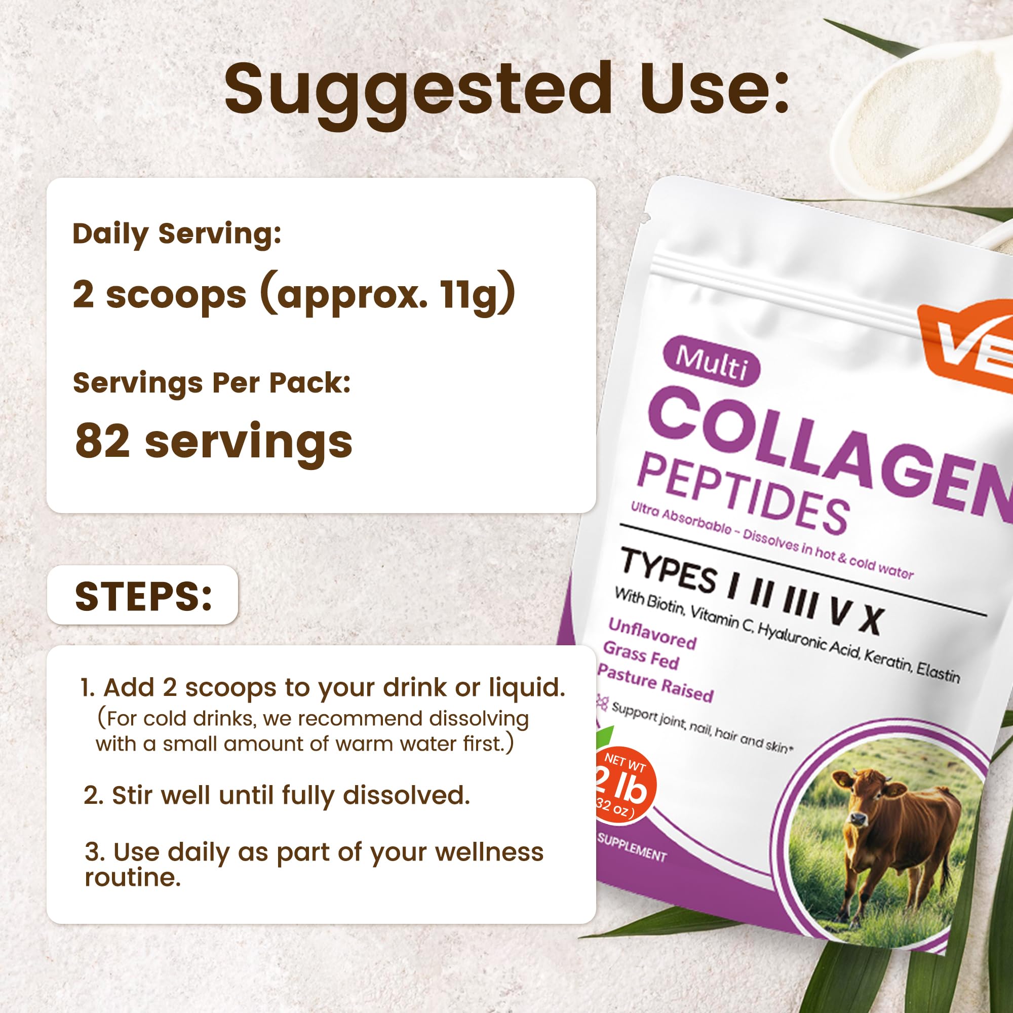 VEV collagen powder dissolving in smoothie for convenient daily use.