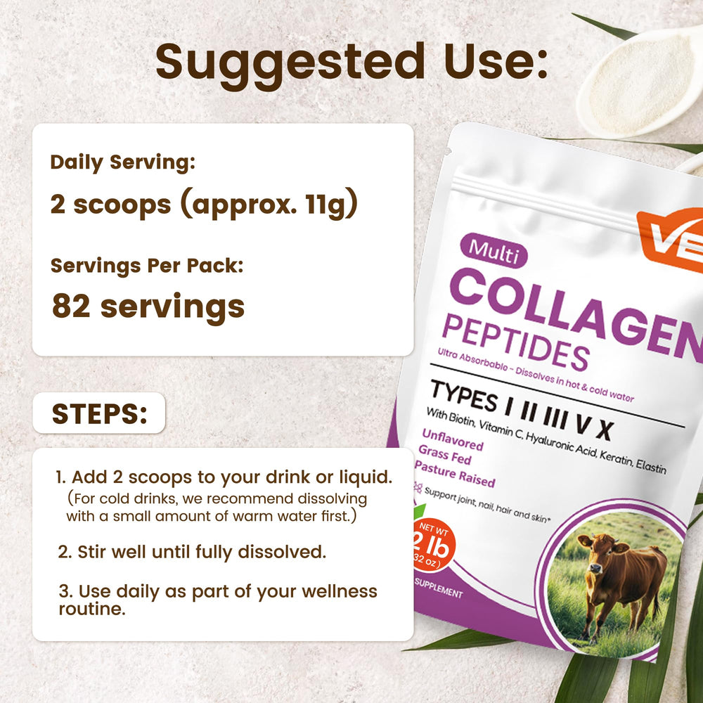 VEV collagen powder dissolving in smoothie for convenient daily use.