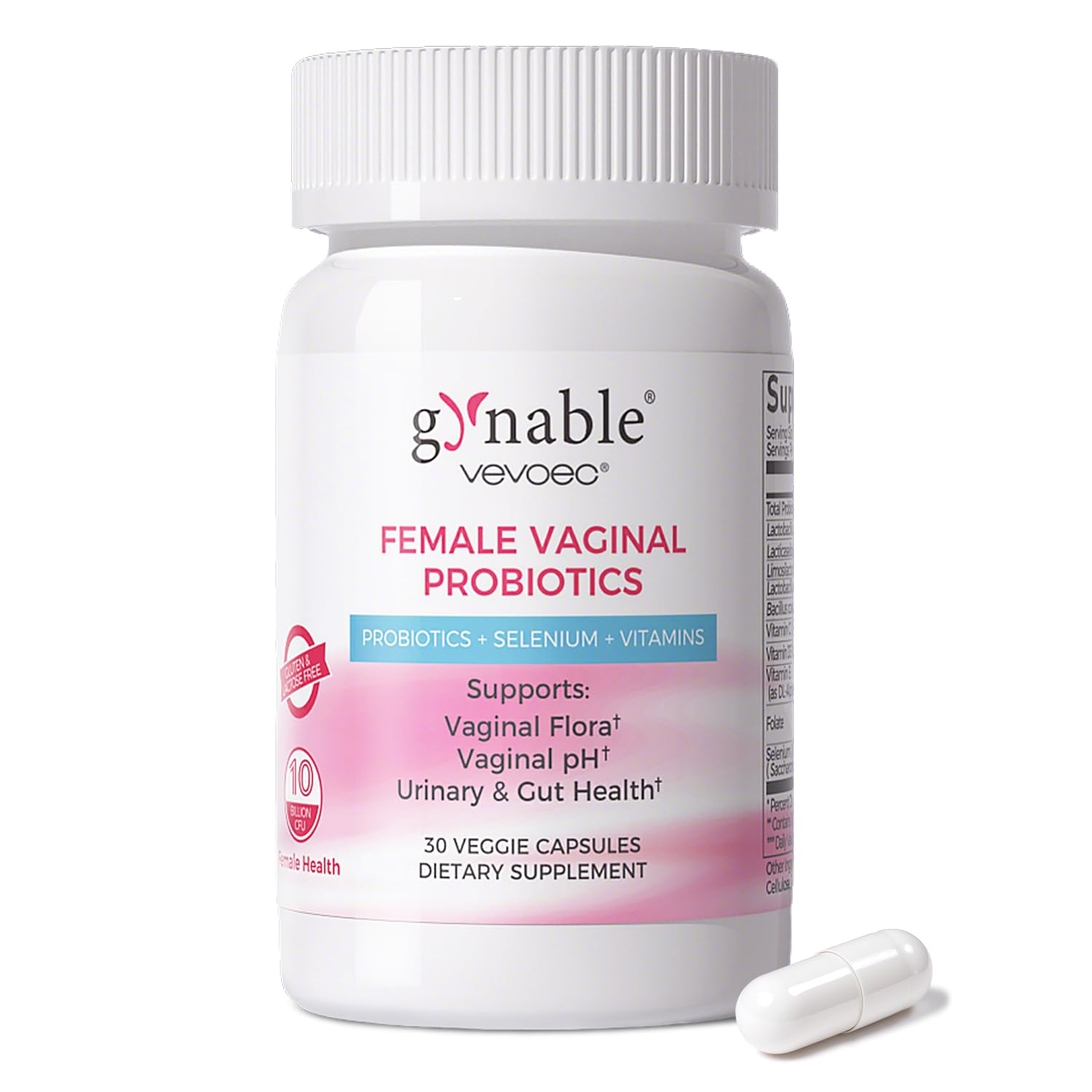 Vevoec Gynable bottle and label illustrating vaginal balance support.