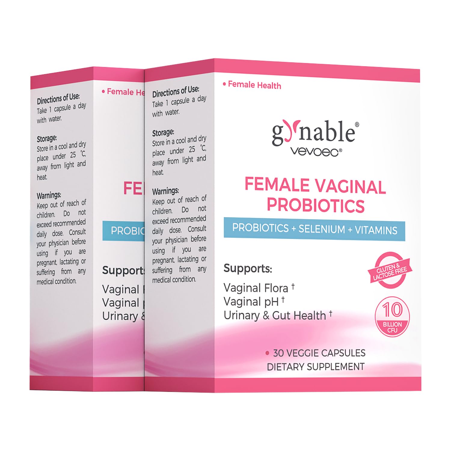Vevoec Gynable bottle front promotes daily vaginal balance and comfort.