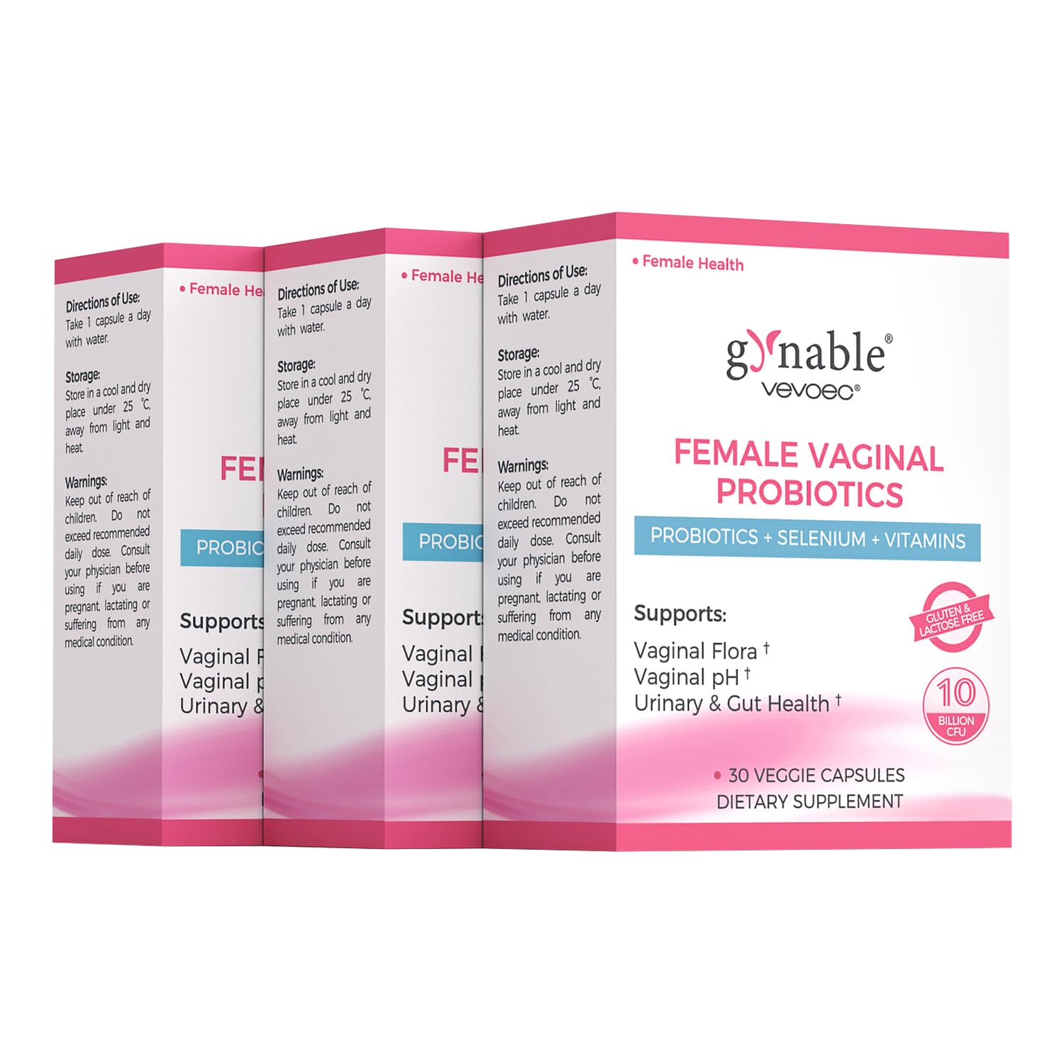 Vevoec Gynable bottle of probiotics for vaginal balance and odor control.