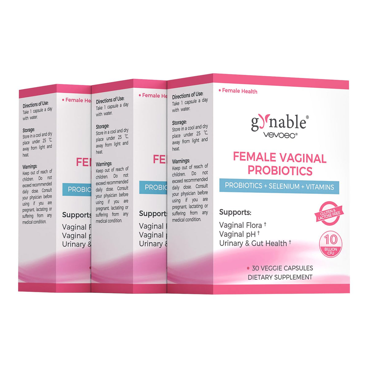 Vevoec Gynable bottle of probiotics for vaginal balance and odor control.