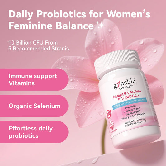 Vevoec Gynable capsules closeup highlighting 10 billion CFU formula.