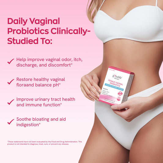Vevoec Gynable five-strain probiotic blend capsules for vaginal flora.