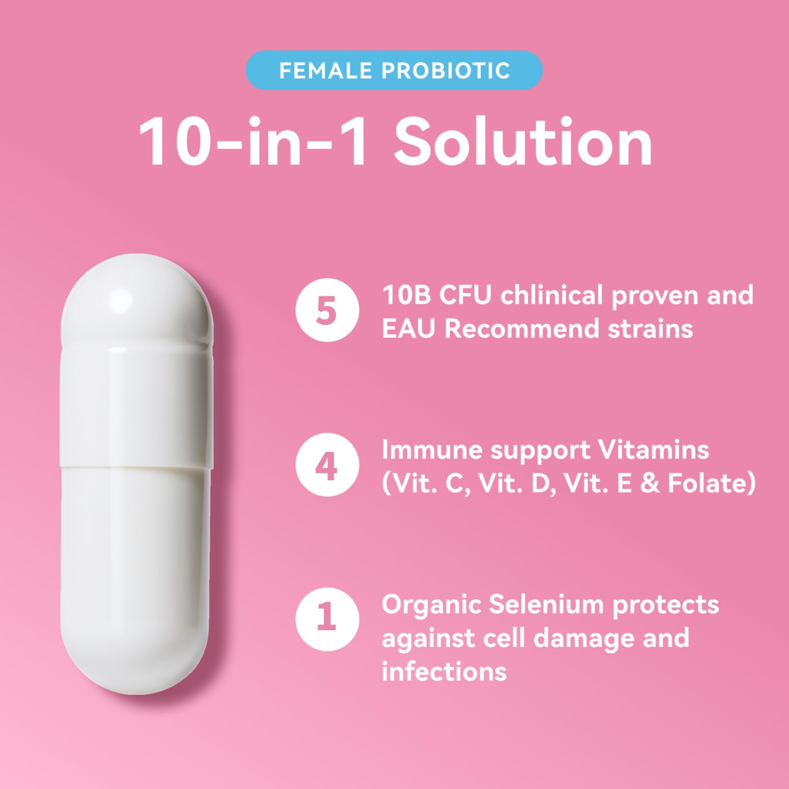 Vevoec Gynable key ingredients visual featuring vitamins and selenium.