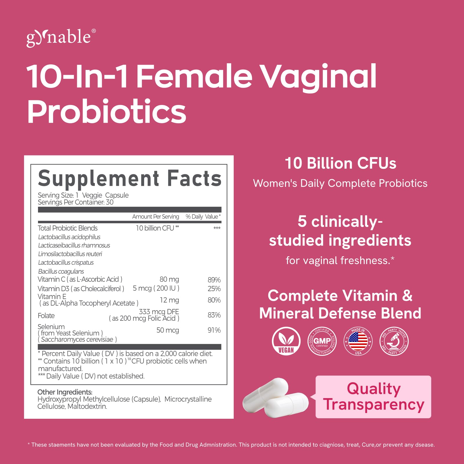 Vevoec Gynable label close-up highlighting probiotic blend.