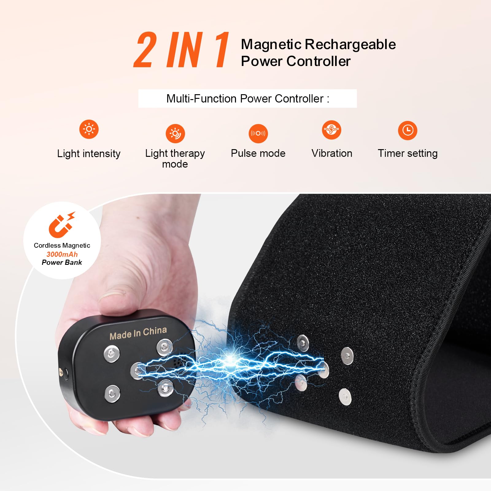 Magnetic 3000mAh power bank attached to the belt for cordless use.