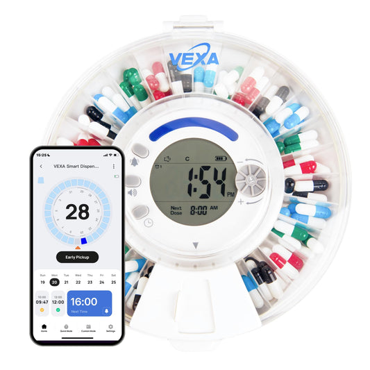 VEXA VitaMate 28 slot-visibility lid shows remaining tablets at a glance for easy refills.