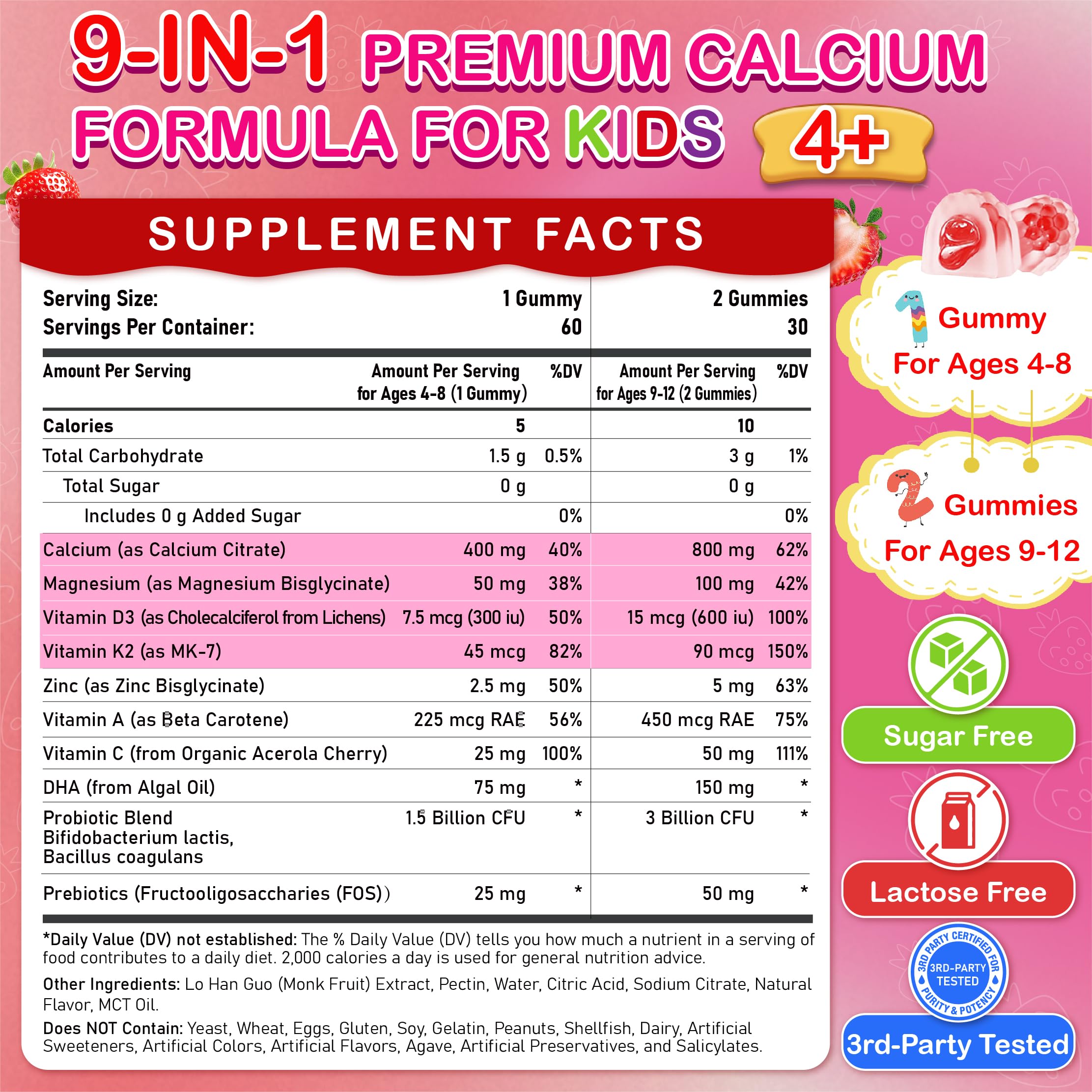 Veyttisy calcium gummies 4+ dosage label shows 1-2 daily for growth