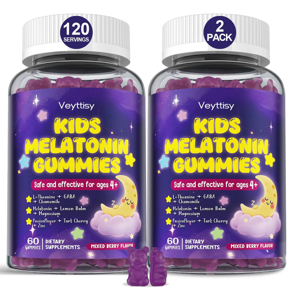 Veyttisy Kids Melatonin gummy bottle with mixed berry flavor for a calming bedtime.