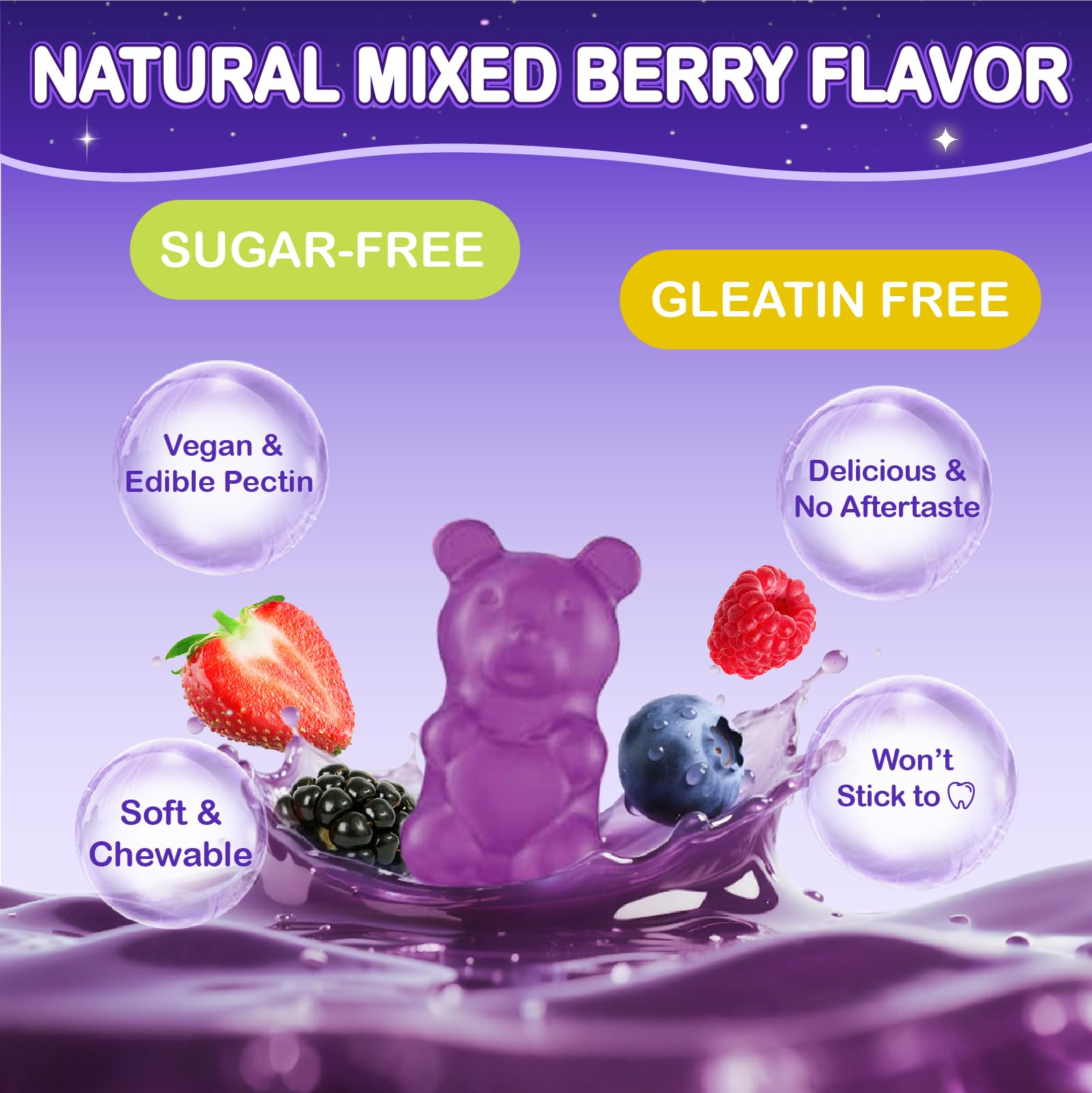 Mixed berry flavor gummy piece highlights kid-friendly taste.