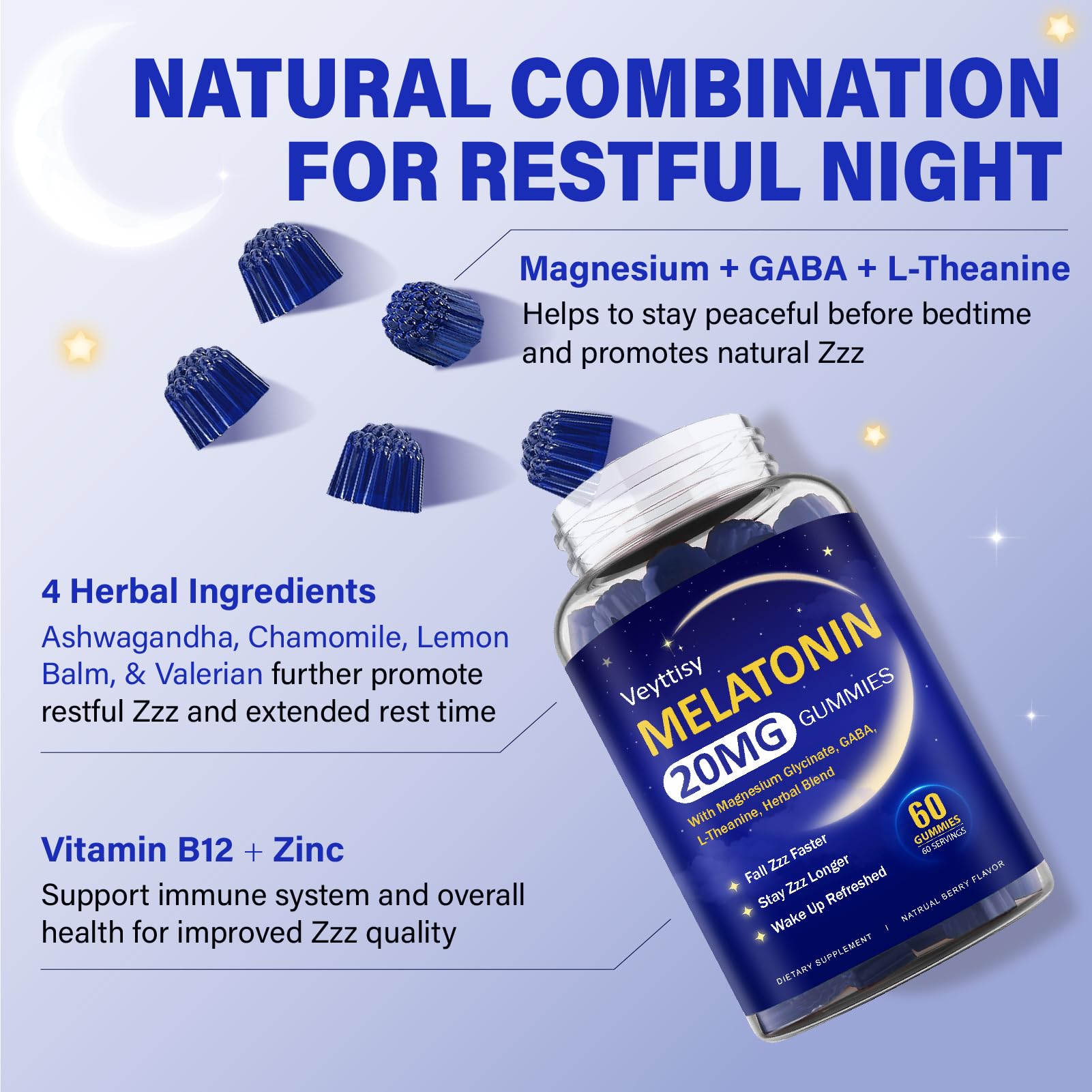 Veyttisy bottle label highlights 20 mg melatonin and non-habit forming claim.