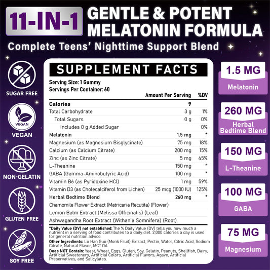 Veyttisy bottle close-up highlighting precise 1.5 mg melatonin for teen Zzz timing.