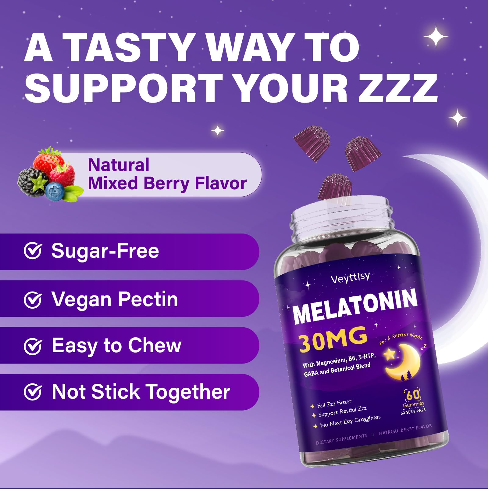Lavender and chamomile hints on Veyttisy gummy packaging for a soothing pre-sleep ritual.