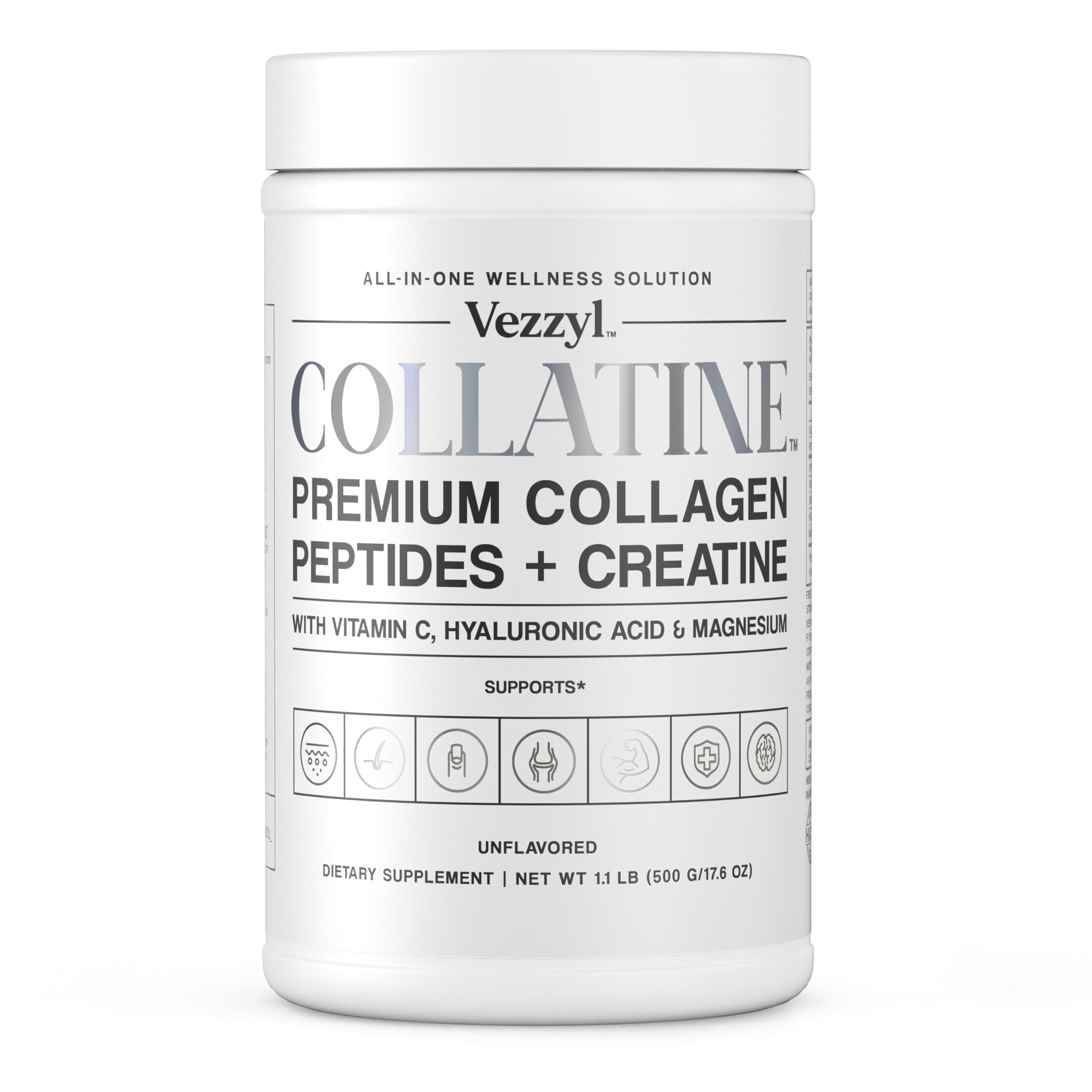 Vezzyl Collatine bottle front view showing premium blend for skin and joints
