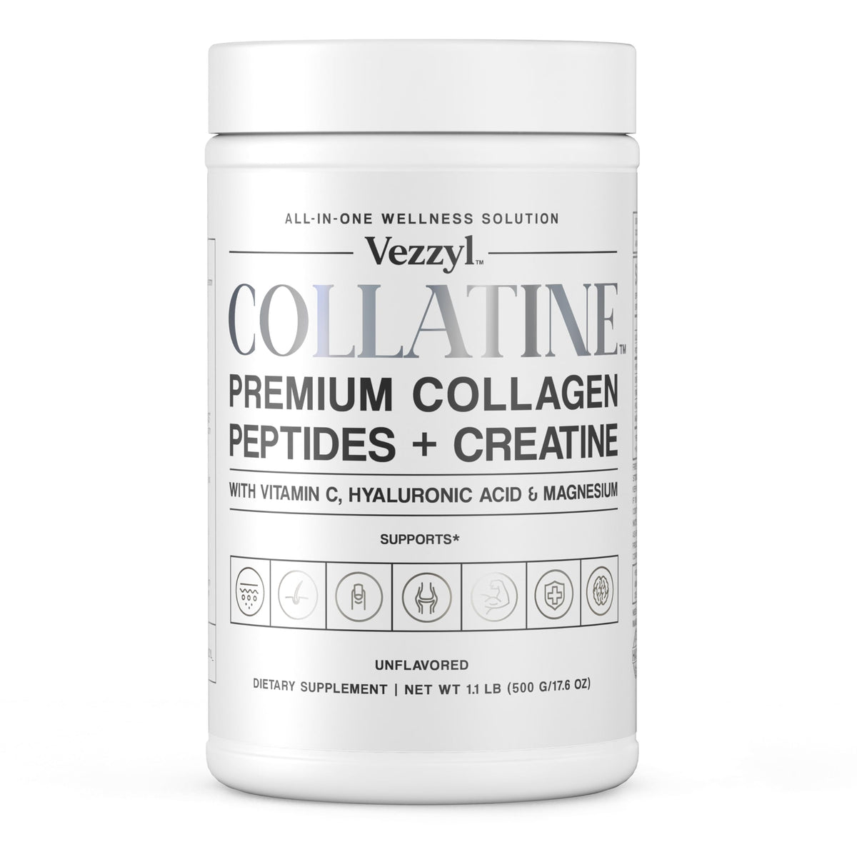 Vezzyl Collatine bottle front view showing premium blend for skin and joints