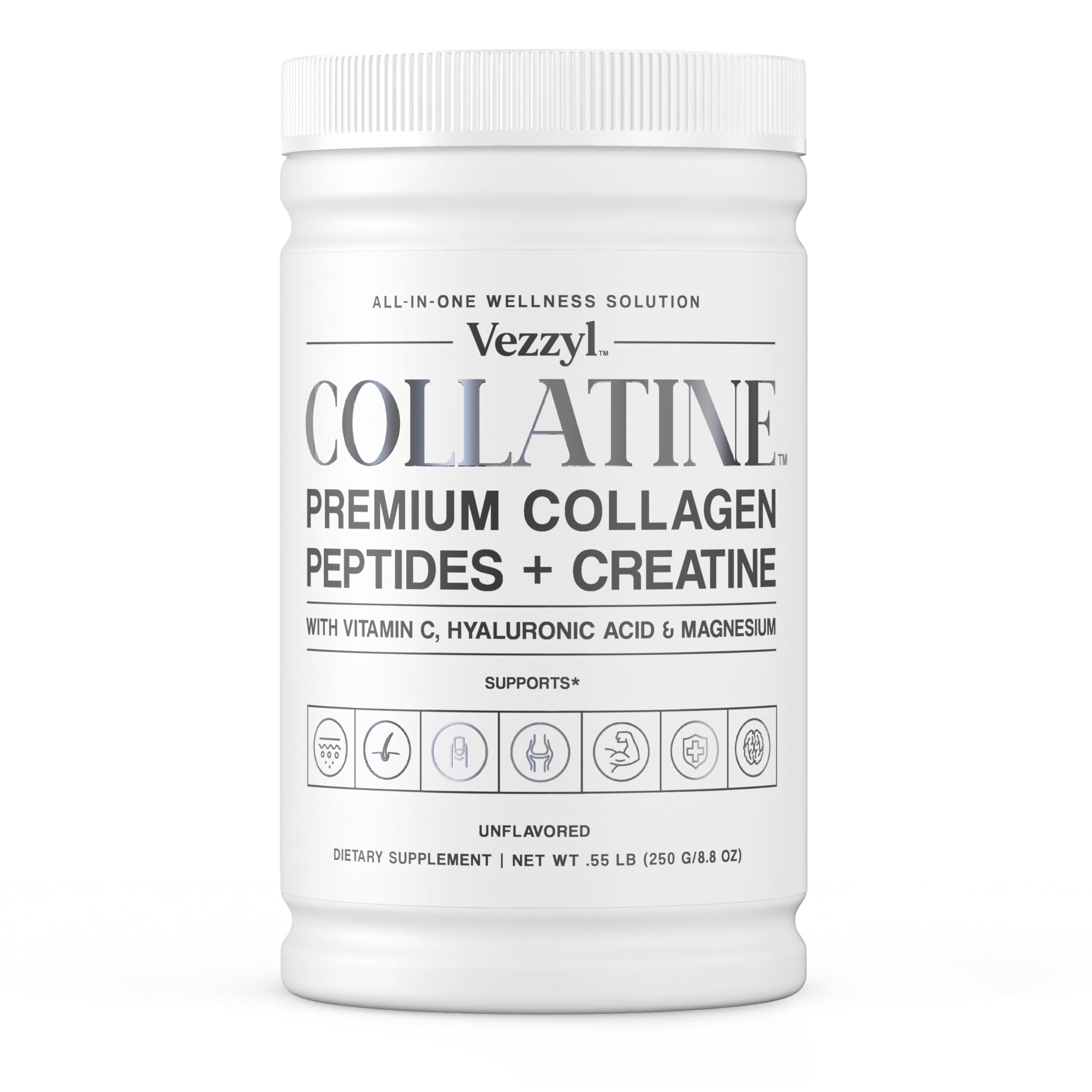 Vezzyl Collatine bottle label highlighting collagen and creatine blend for daily wellness
