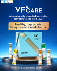 VFCARE Lysine for Cats sachets back view with ingredients and usage notes.