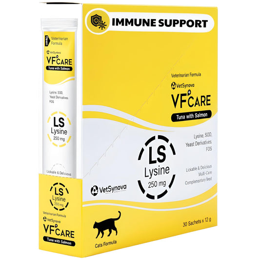 VFCARE Lysine for Cats paste sachets front, tuna-salmon flavor supports daily immune health.