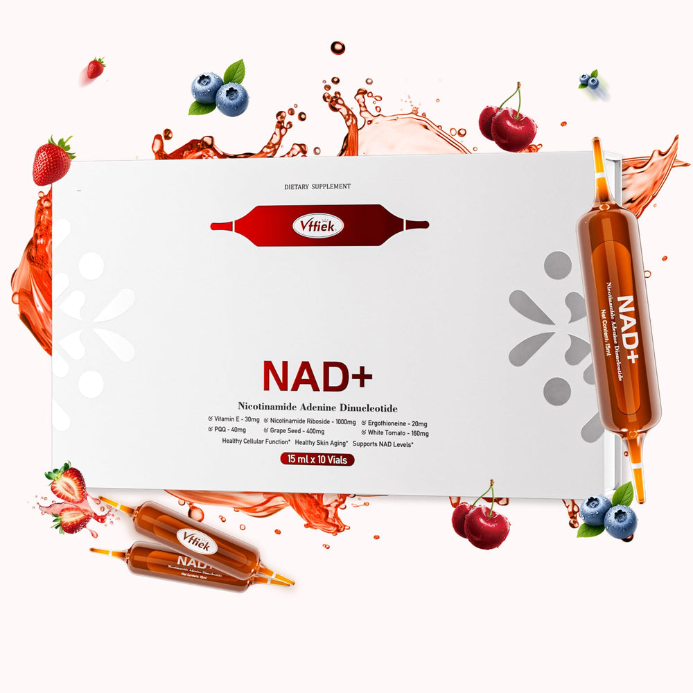 Vffiek NAD+ liquid bottle showcases 1200mg potency for daily energy support.