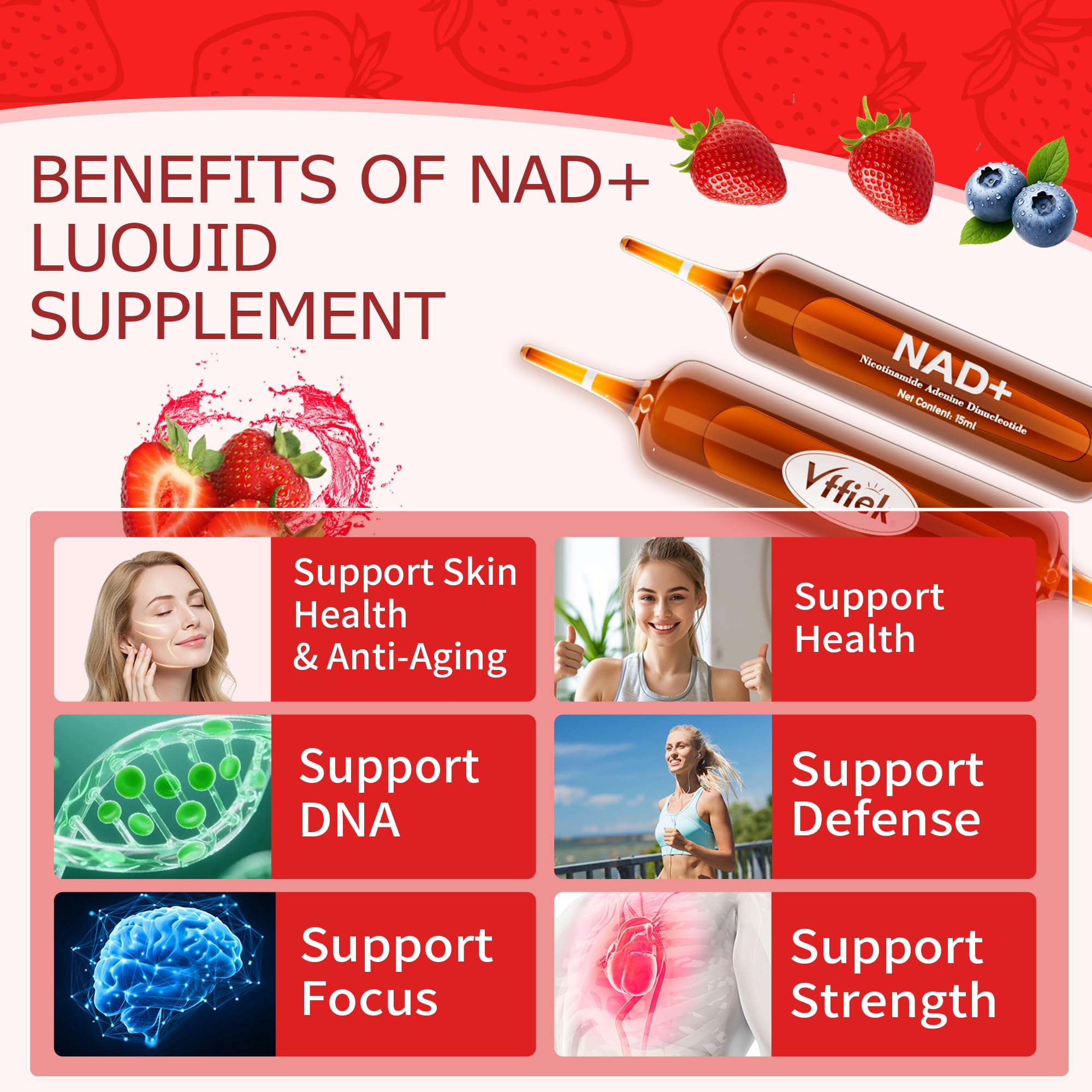 Vffiek NAD+ liquid dropper highlights precise dosing for sustained energy.