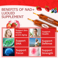 Vffiek NAD+ liquid dropper highlights precise dosing for sustained energy.