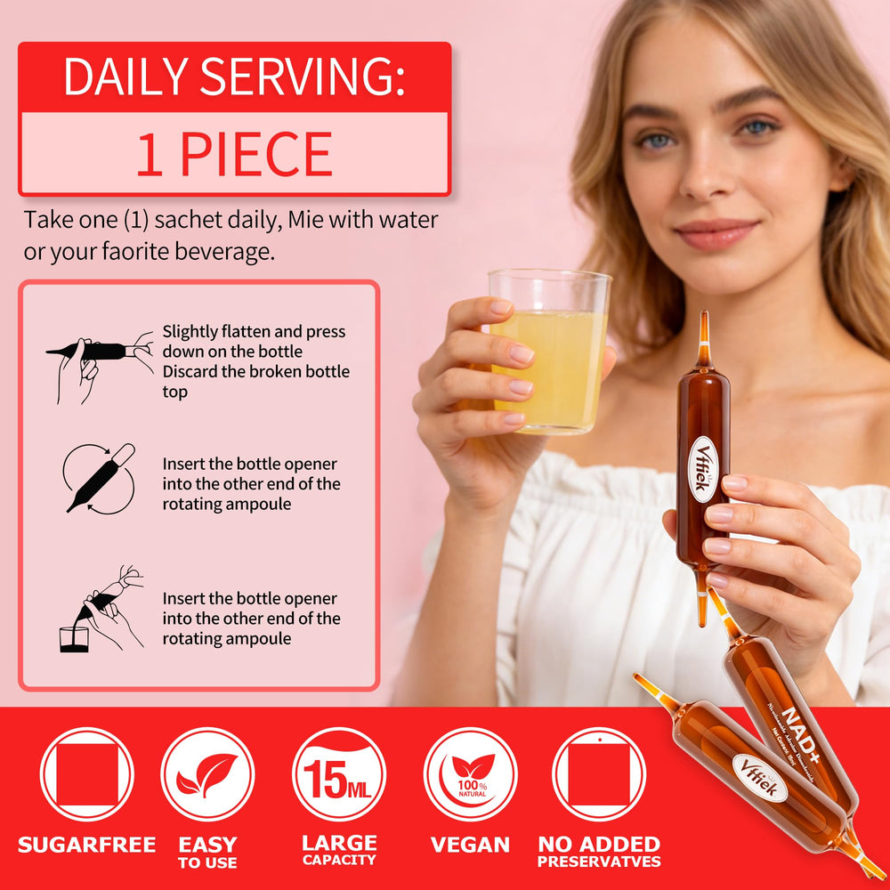 Vffiek NAD+ liquid ingredients panel hints at Resveratrol synergy.