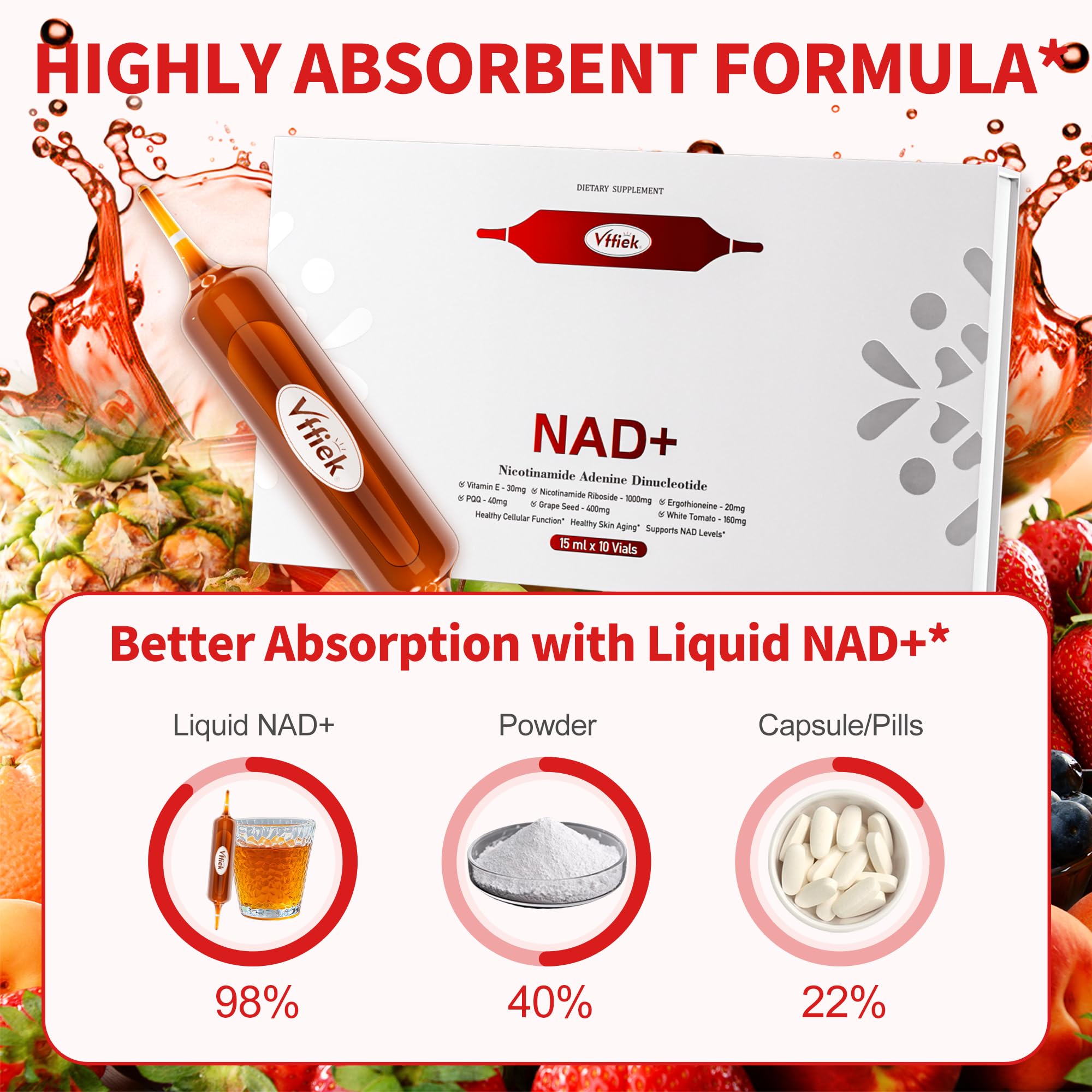 Vffiek NAD+ liquid label focus conveys purity and quality.