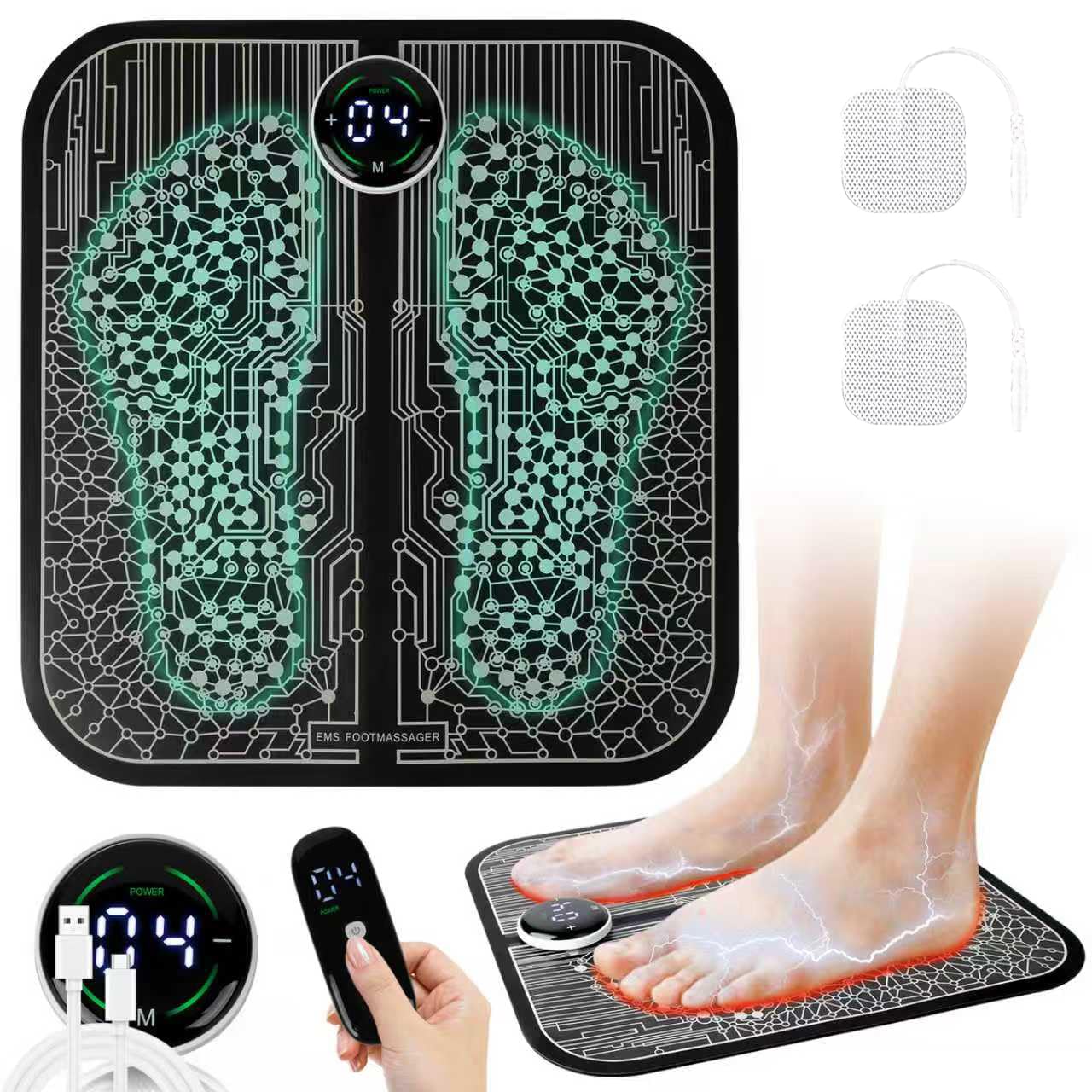 VFU TENS device with foot pads for targeted pain relief and temporary leg comfort.