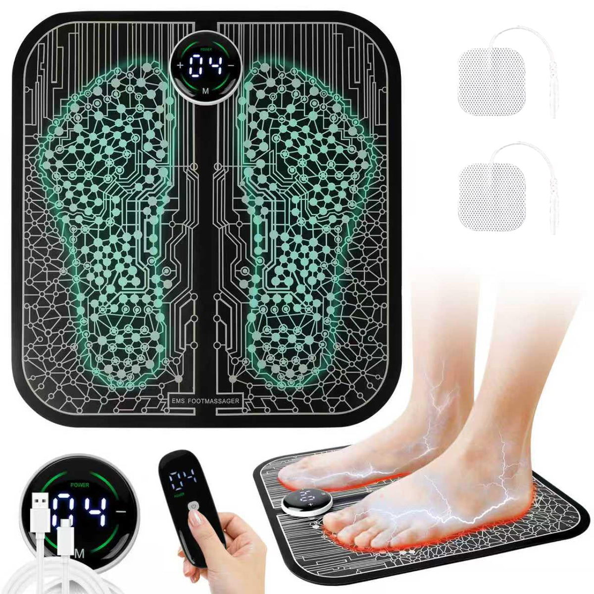 VFU TENS device with foot pads for targeted pain relief and temporary leg comfort.