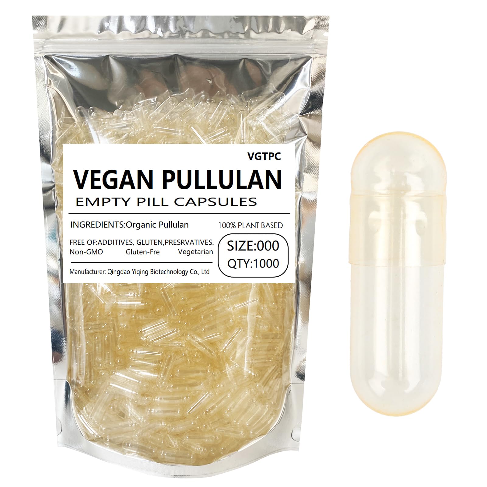 VGTPC Size 000 pullulan capsules in packaging, clear vegan option for DIY supplementing.