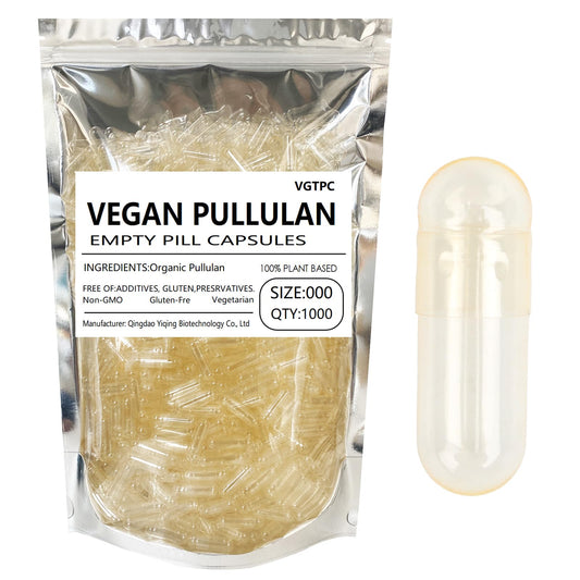 VGTPC Size 000 pullulan capsules in packaging, clear vegan option for DIY supplementing.
