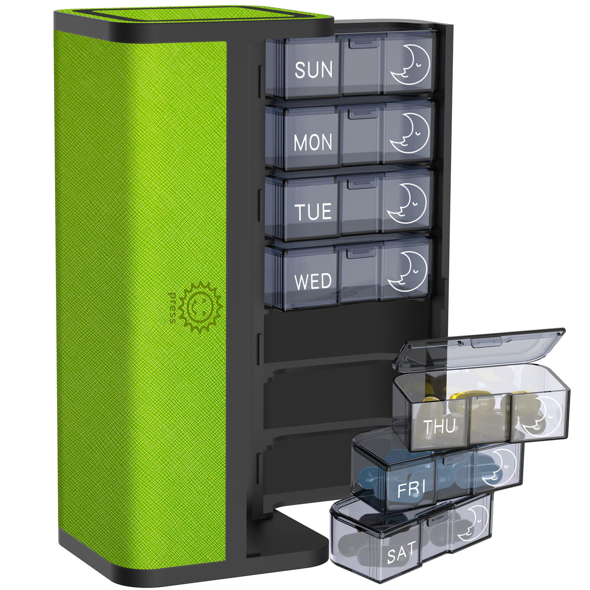 VGUOORG 7-day pill organizer in leather case keeps weekly pills neatly arranged.