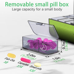 Privacy latch provides discreet, secure storage for pills during travel.