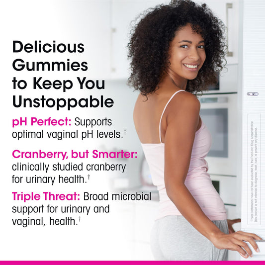 vH essentials Probiotic Gummies close-up, gummies and cranberry extract highlighting urinary balance.