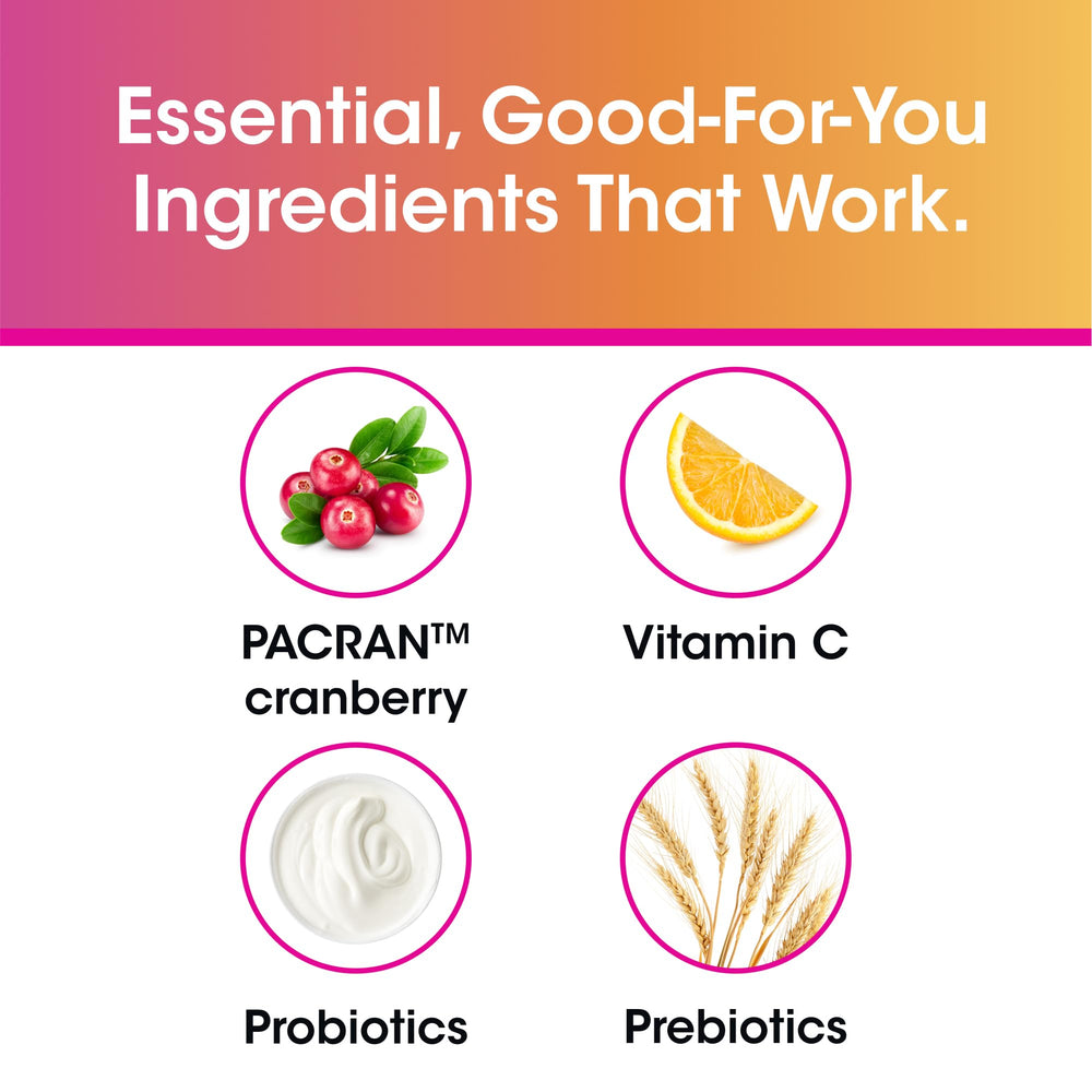 vH essentials prebiotics cranberry vitamin C blend label shows feminine care.