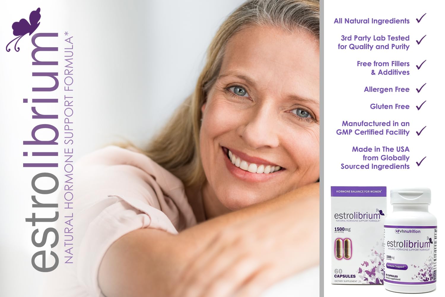 VH Nutrition Estrolibrium bottle front showcases commitment to women's health and convenience.