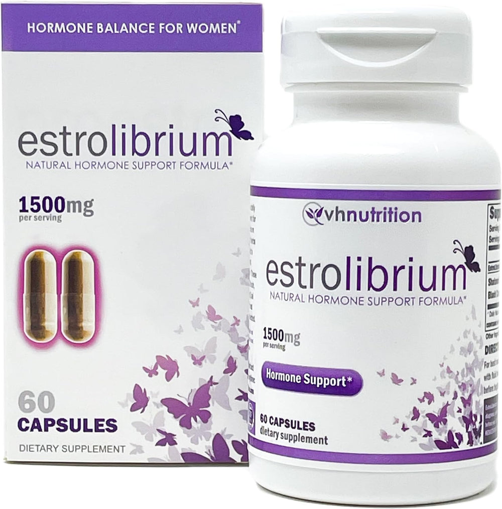 VH Nutrition Estrolibrium bottle pour shows easy-to-take capsules for daily balance.