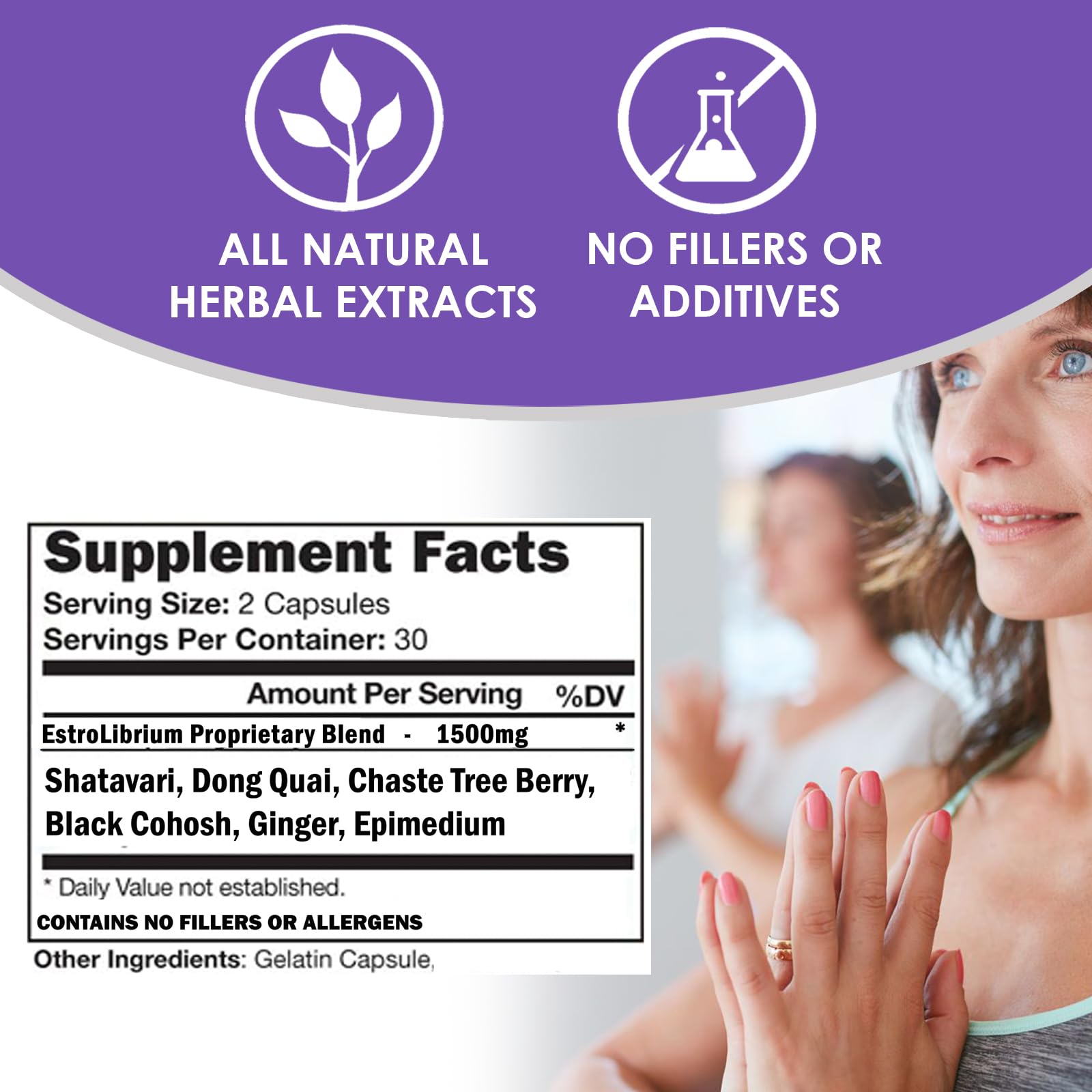 VH Nutrition Estrolibrium ingredient chart emphasizes Black Cohosh, Shatavari, and Vitex benefits.