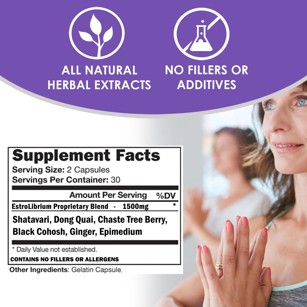 VH Nutrition Estrolibrium ingredient chart emphasizes Black Cohosh, Shatavari, and Vitex benefits.
