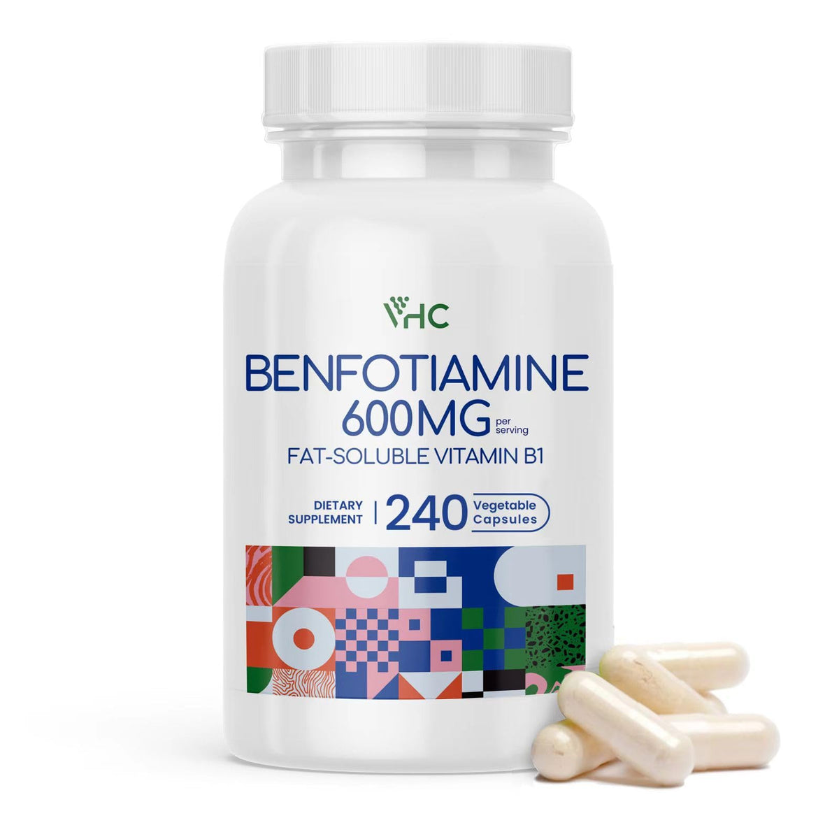 VHC Benfotiamine 600mg bottle close-up highlighting fat-soluble vitamin B1.