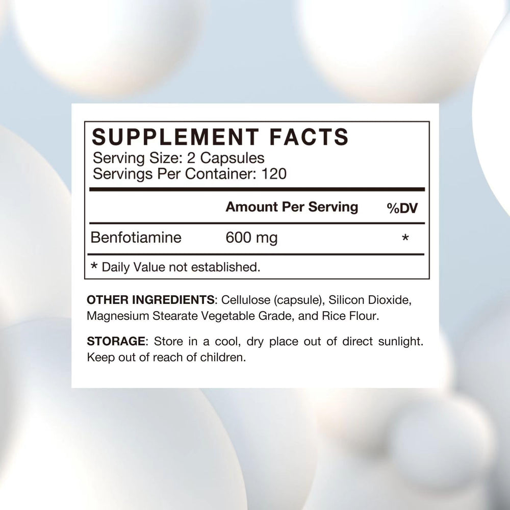 VHC Benfotiamine capsules close-up emphasizing 600mg max-strength serving.