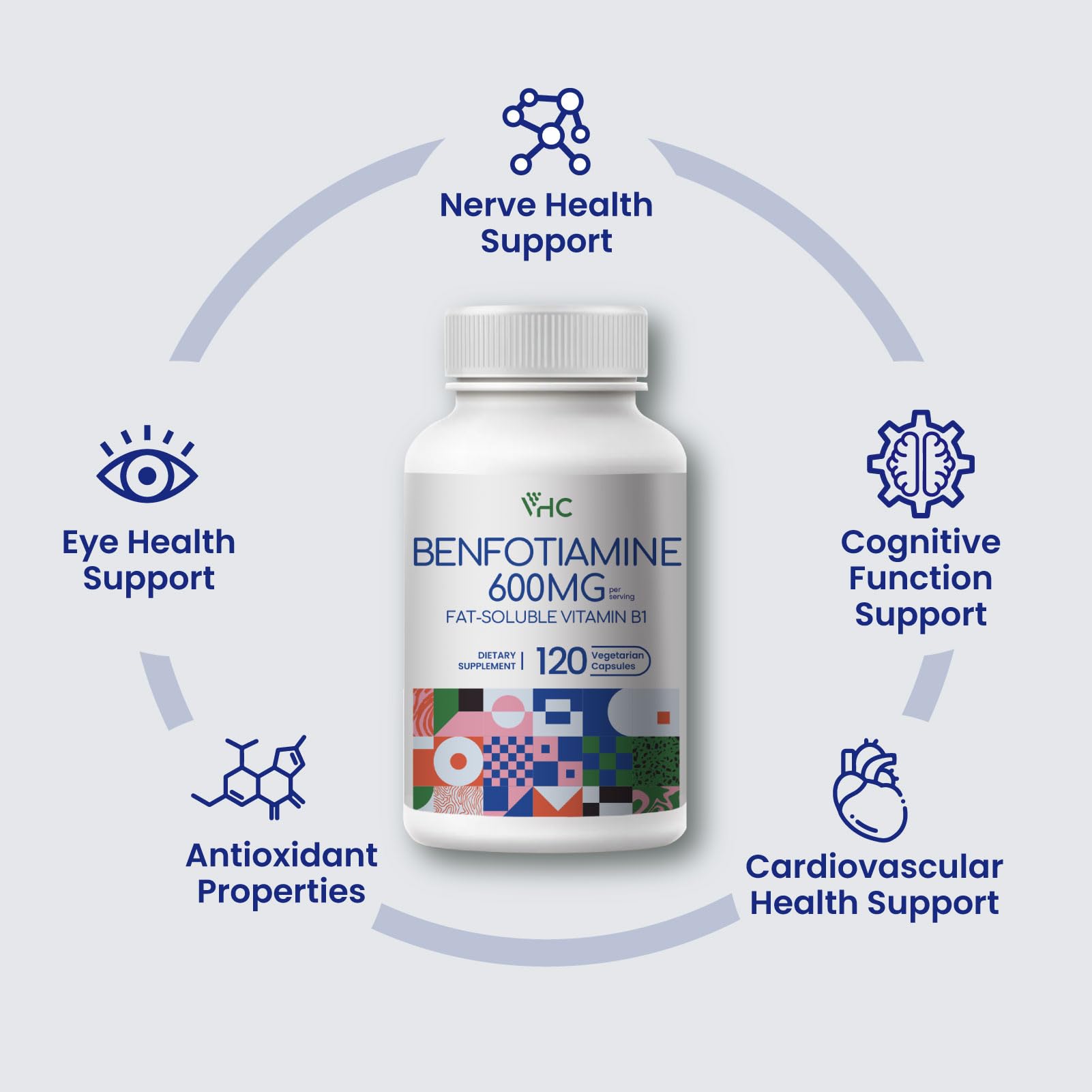 VHC Benfotiamine non-GMO vegetarian packaging, suitable for plant-based diets.