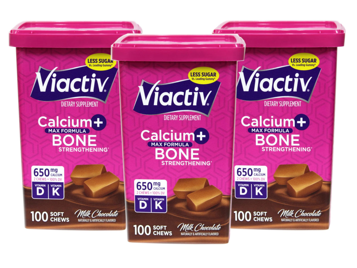 Viactiv Max calcium D3 soft chews in a bottle for easy daily bone support.