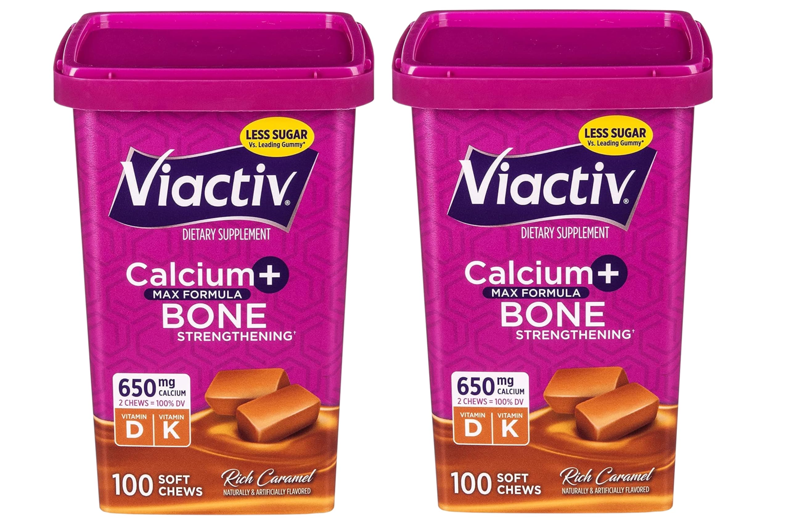 Viactiv Max soft chews in rich caramel for daily bone support.