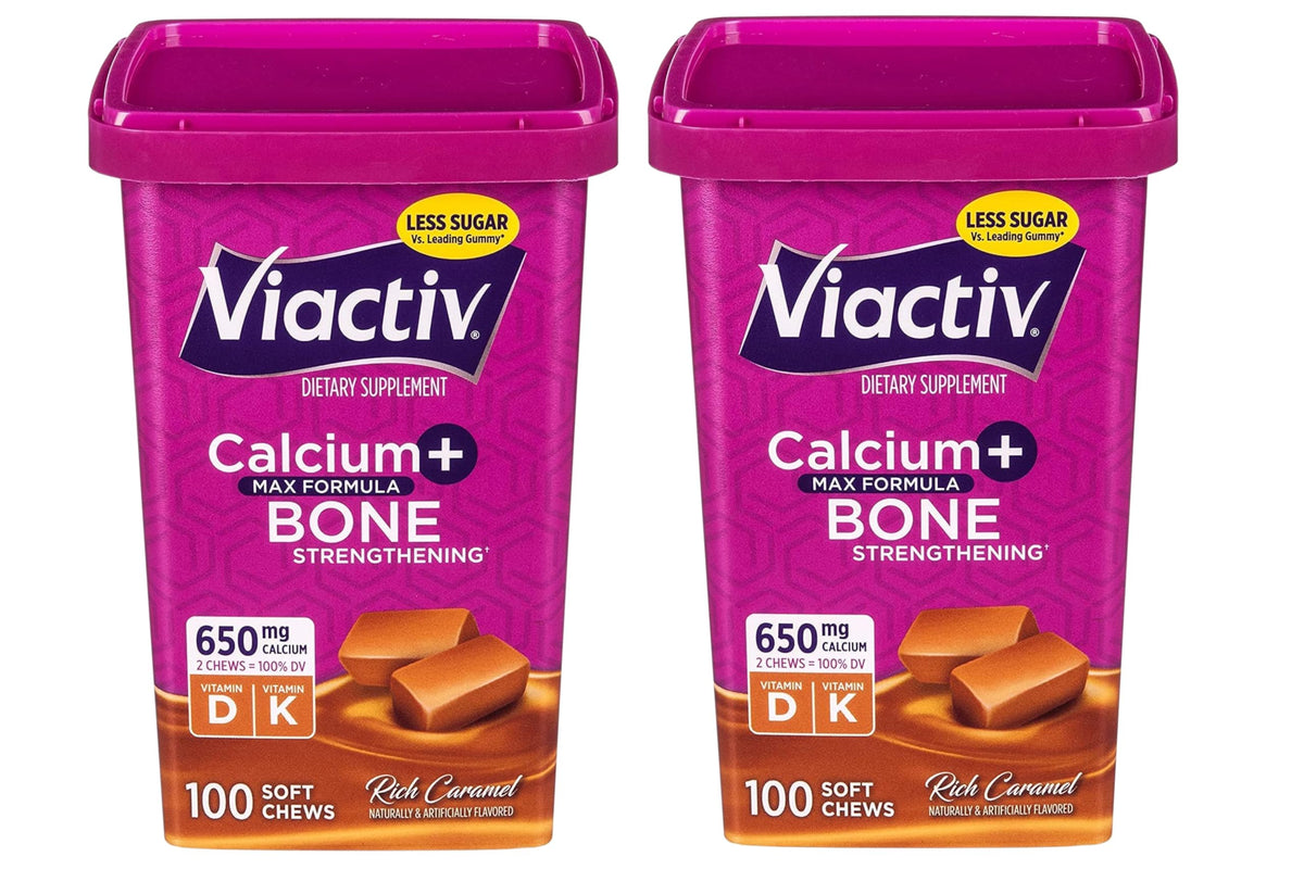 Viactiv Max soft chews in rich caramel for daily bone support.