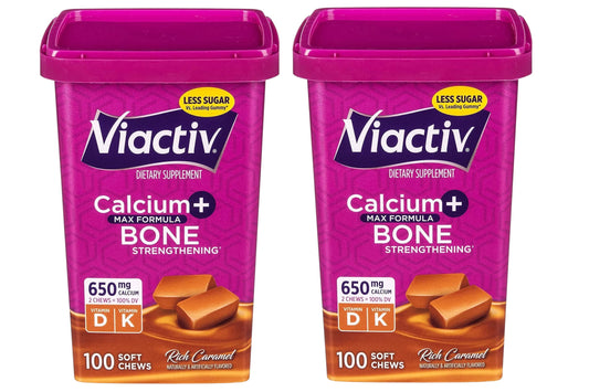 Viactiv Max soft chews in rich caramel for daily bone support.